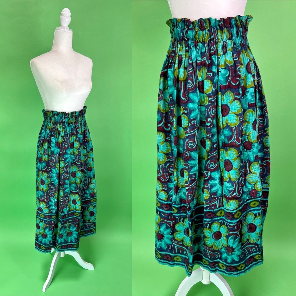 Vintage Teal Floral Block Print Cotton Skirt with Bunched Waist - Size S/M/L